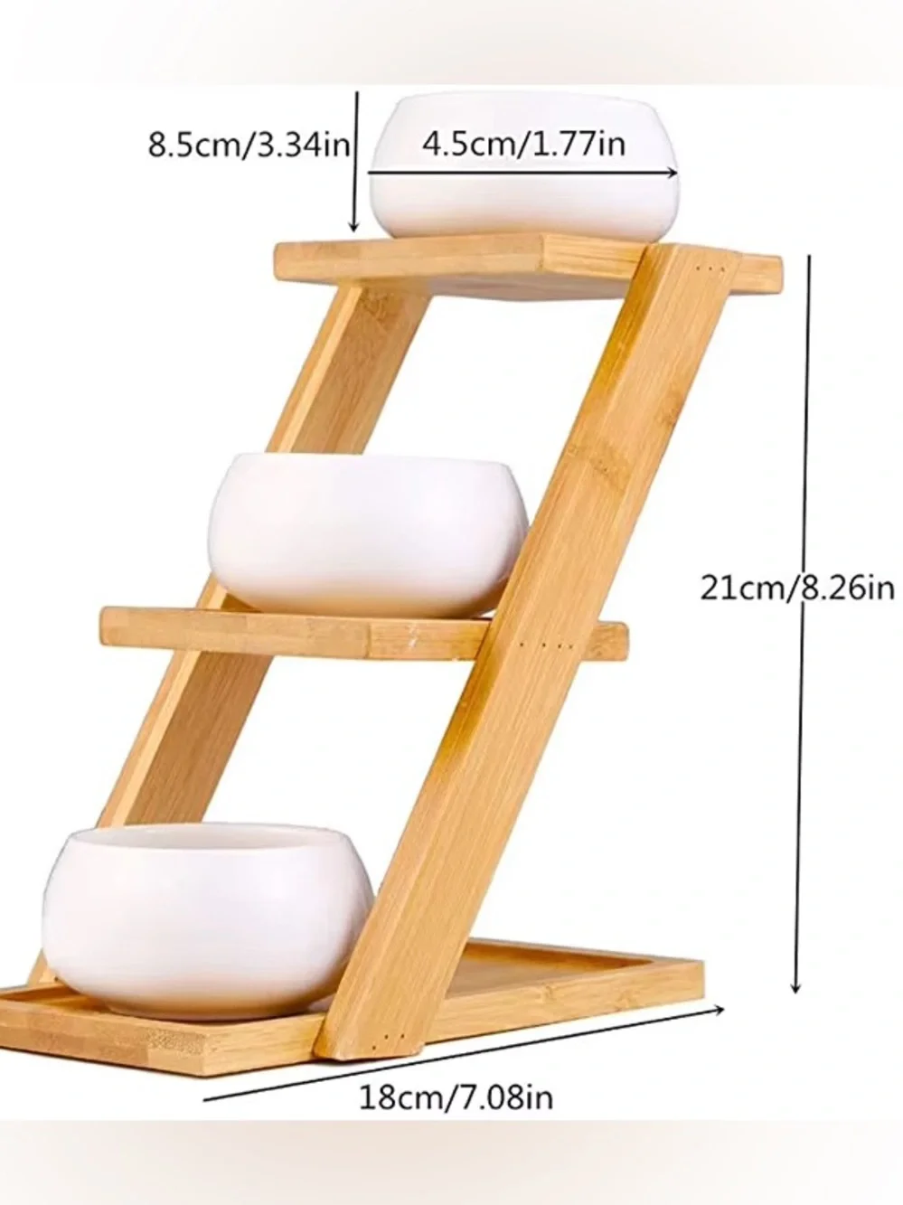 Three Tiered Bamboo Plant Stand with 3 Mini Ceramic Pots Minimalist Hygge Decor